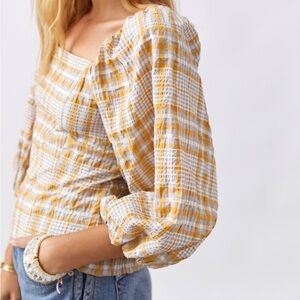 Maeve By Anthropologie Plaid Square Neck Yellow Gray Bubble Sleeves Medium